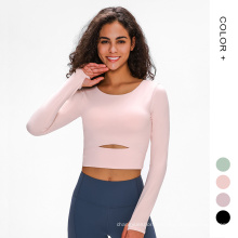 Long Sleeve Crop Top With Thumb Hole Gym Padded T Shirts For Women